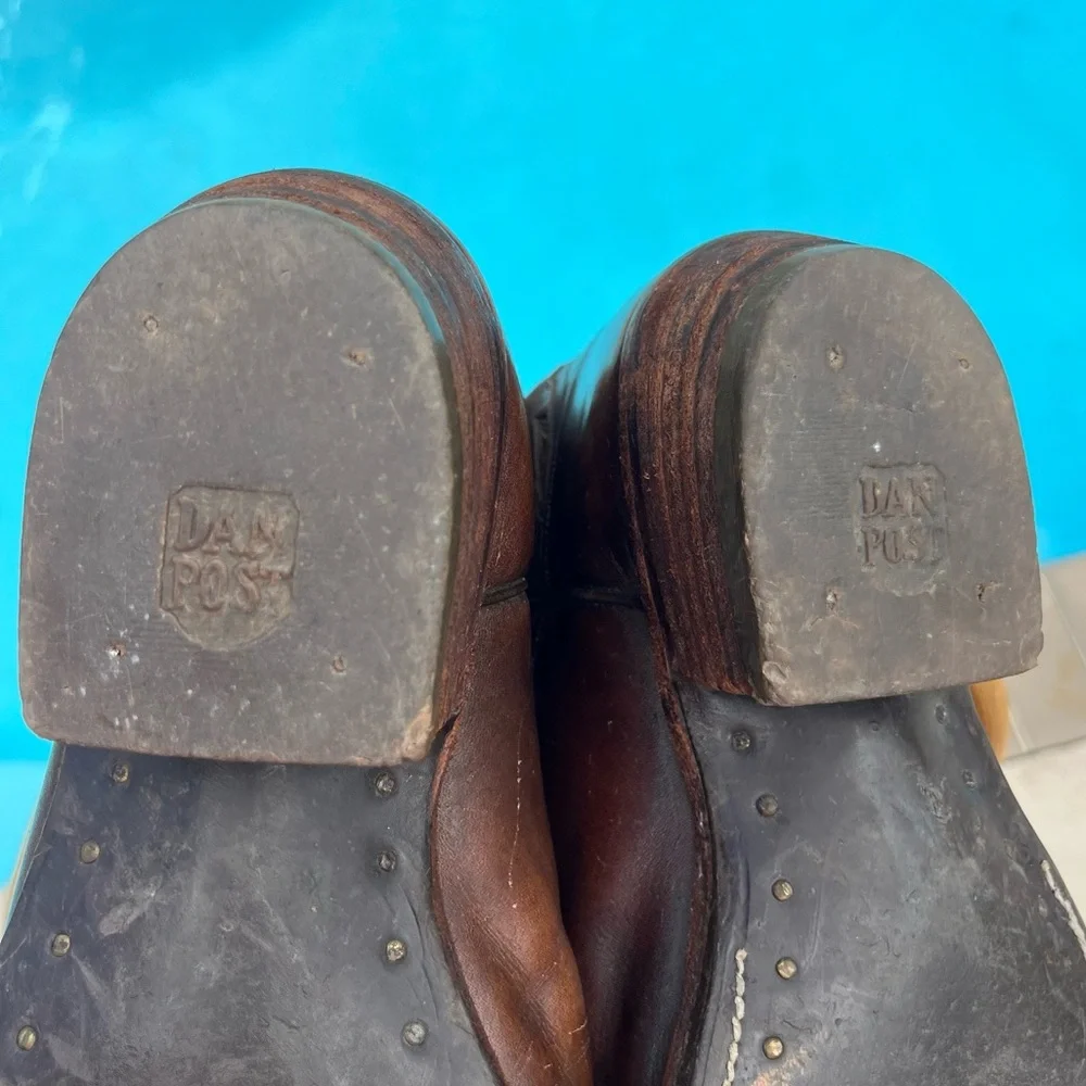 VINTAGE DAN POST chocolate brown leather western boots made in Spain - Picture 10 of 17